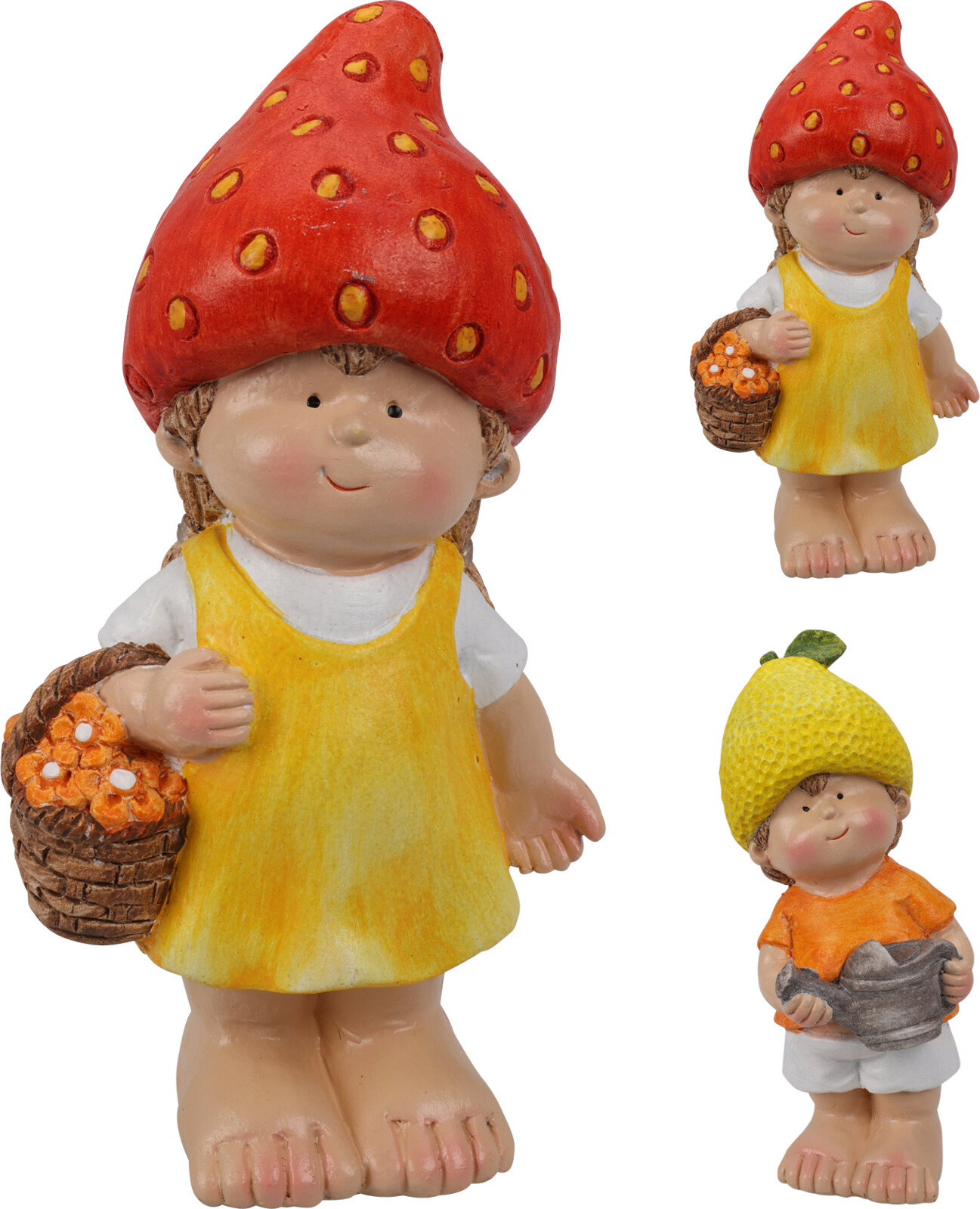 Garðstytta strákur og stelpa með ávaxtahatt 2 gerðir