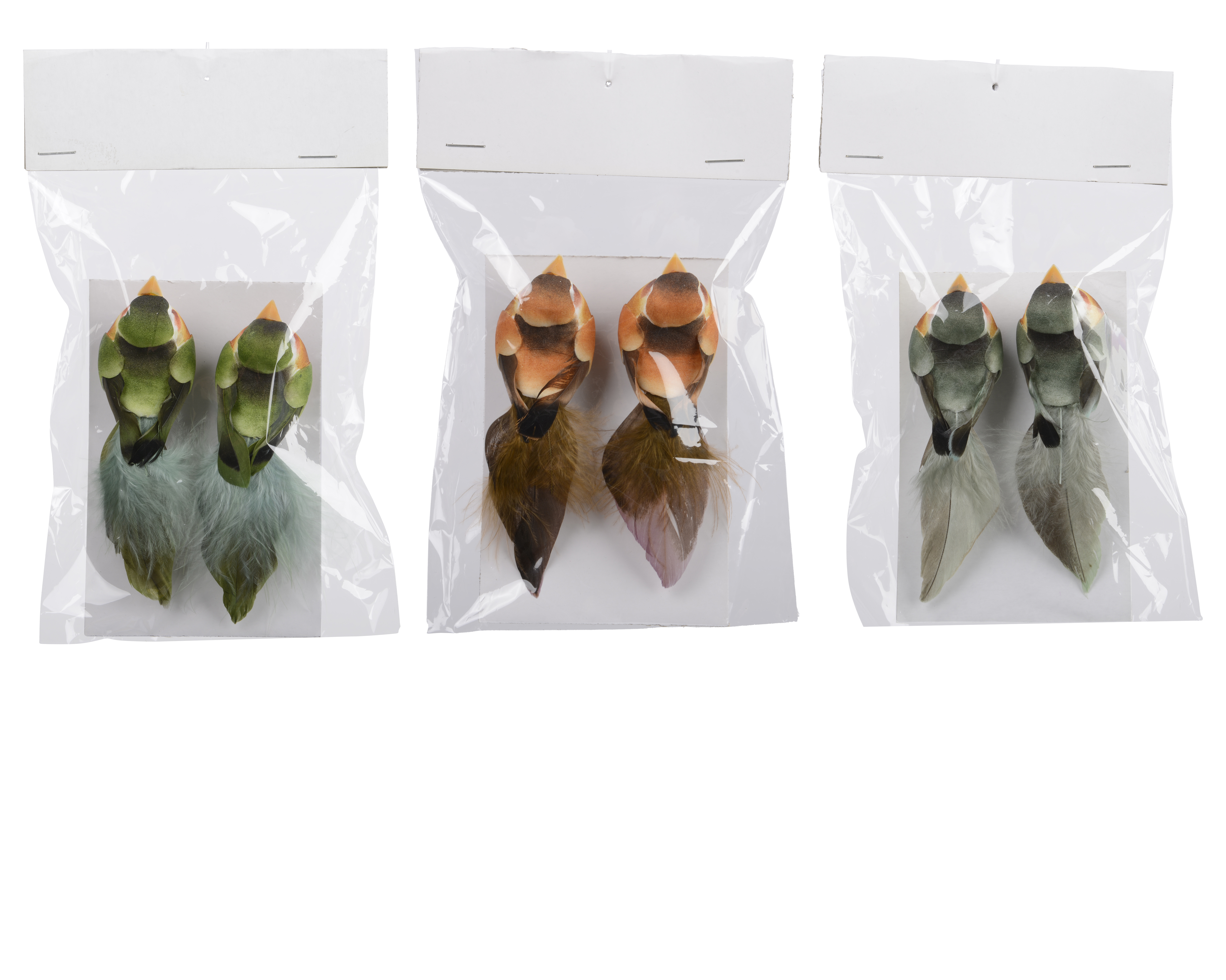 Fuglar með fjaðrir 11*3*h3,5cm 2stk 3 litir