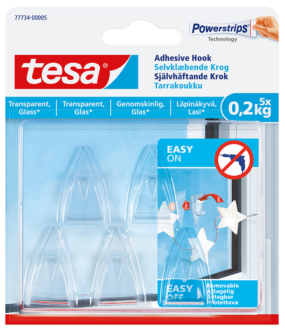 Krókur límdur Tesa Glærir Deco 5 stk í pakka