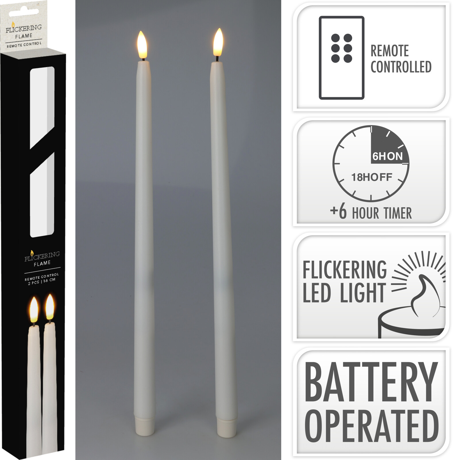 Rafmagnskerti 2stk 38cm hvítt