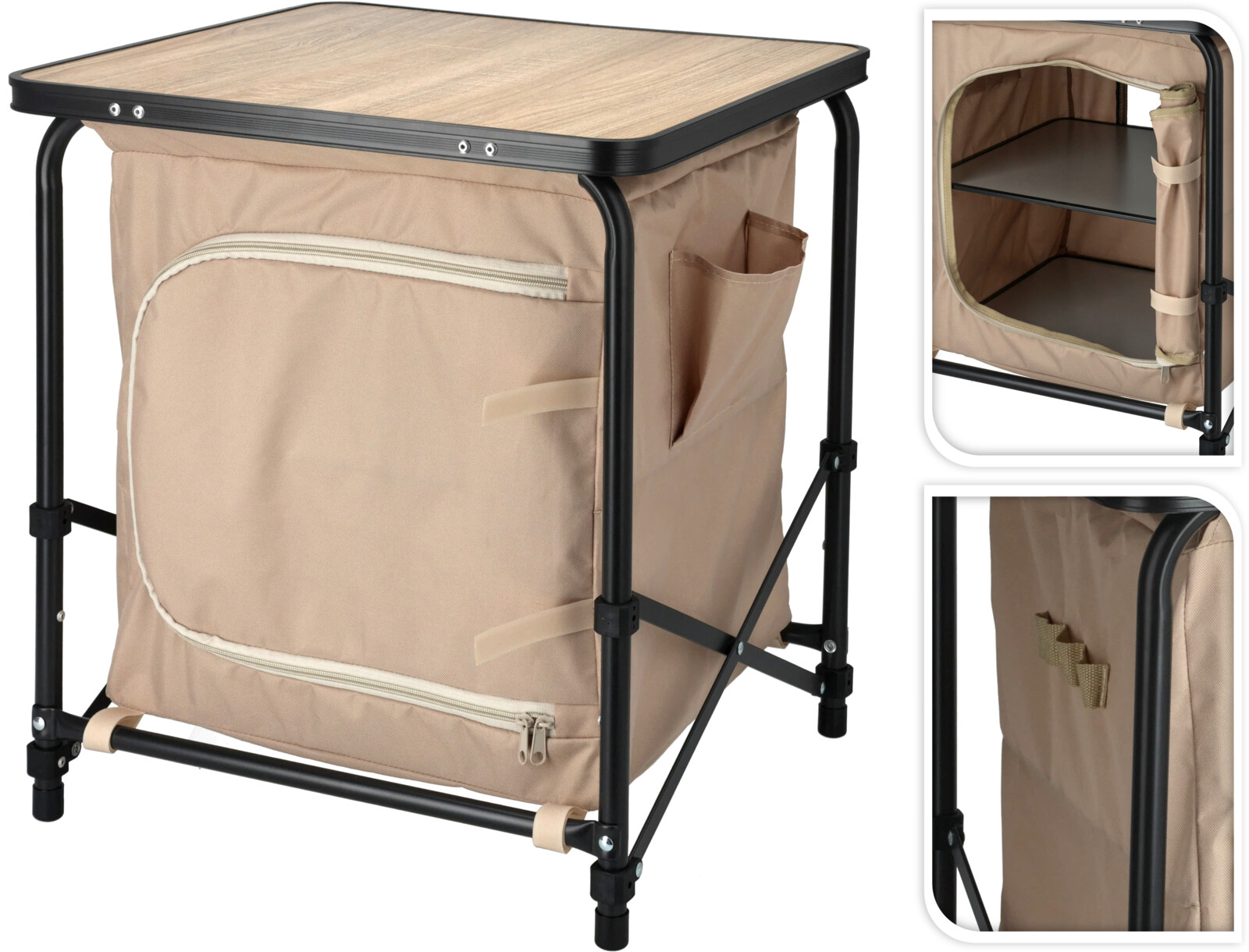 Útileguborð m/hillum 48x48x53cm beige