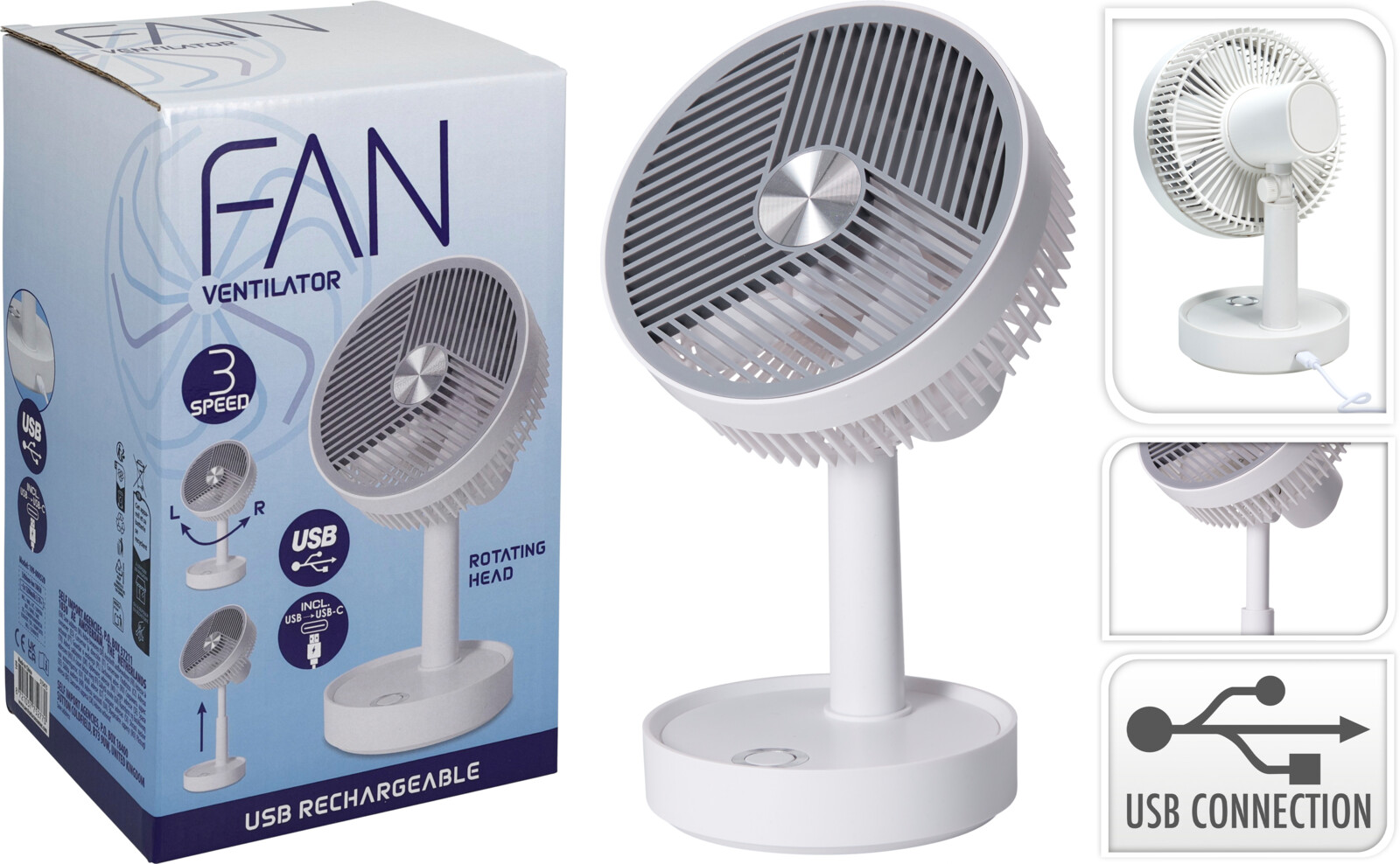 Borðvifta m/snúanlegum haus USB plast hvít