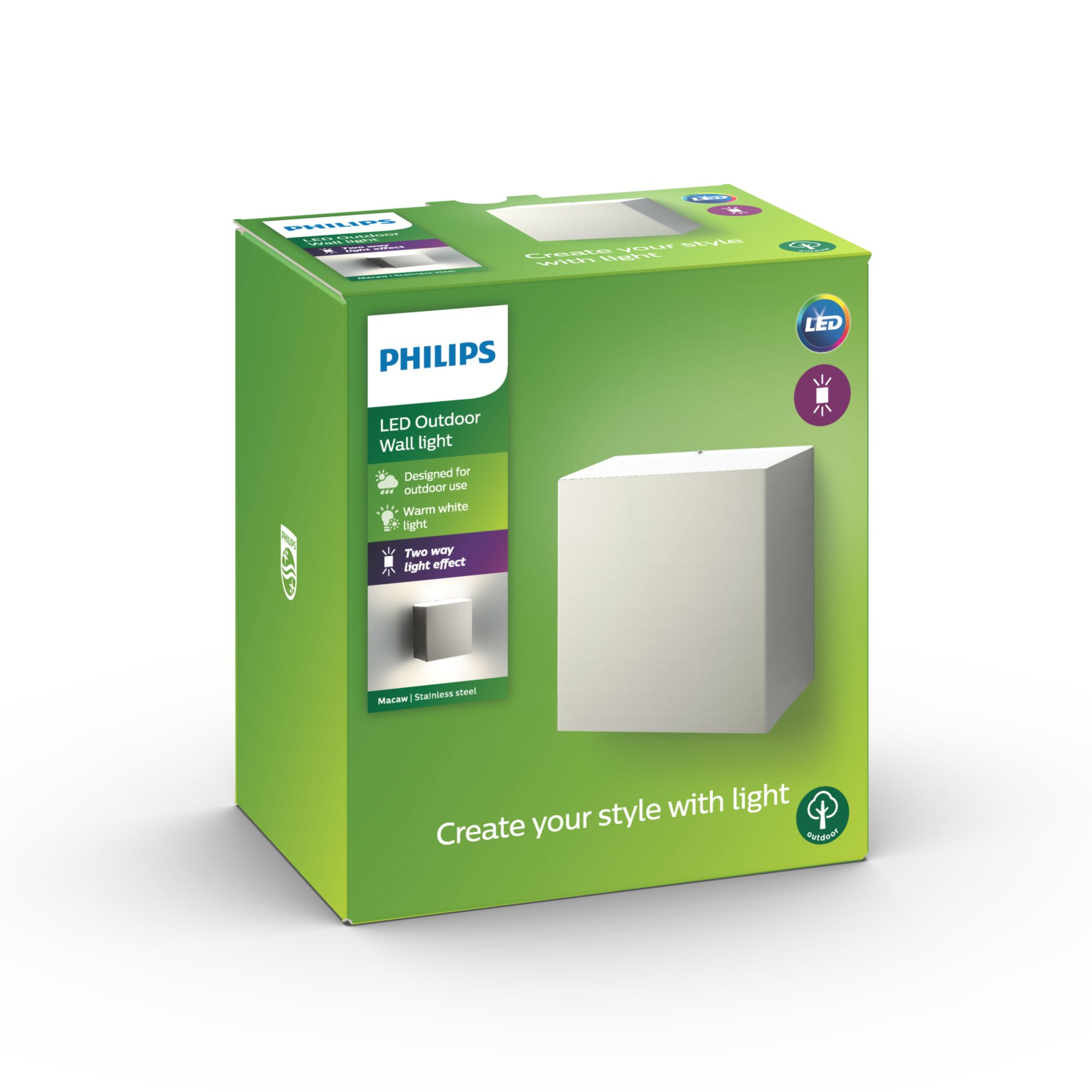 Macaw veggljós úti IP44 stál 1x3W innbyggt led ódimmanlegt