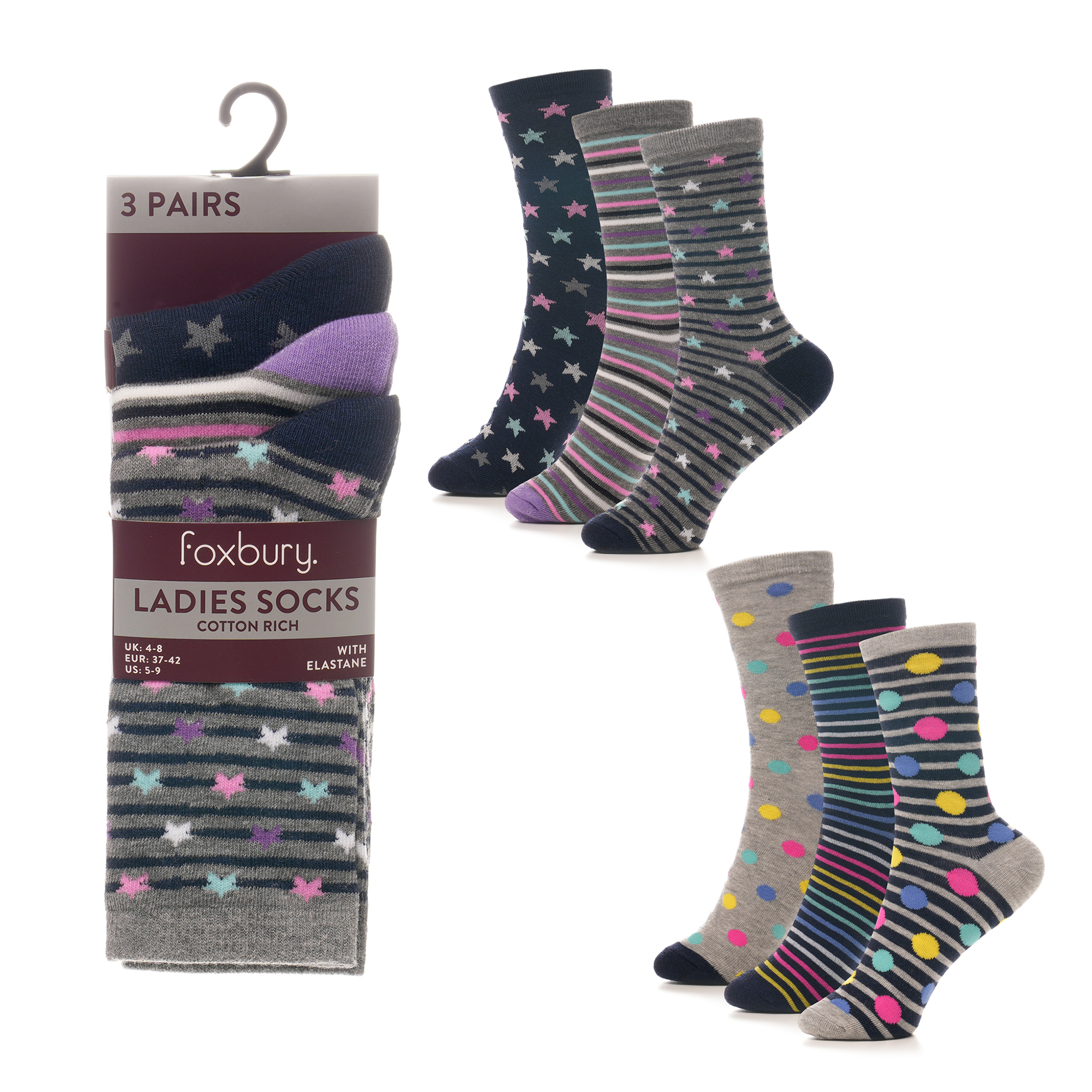 Dömusokkar 3 pk m.mynstri