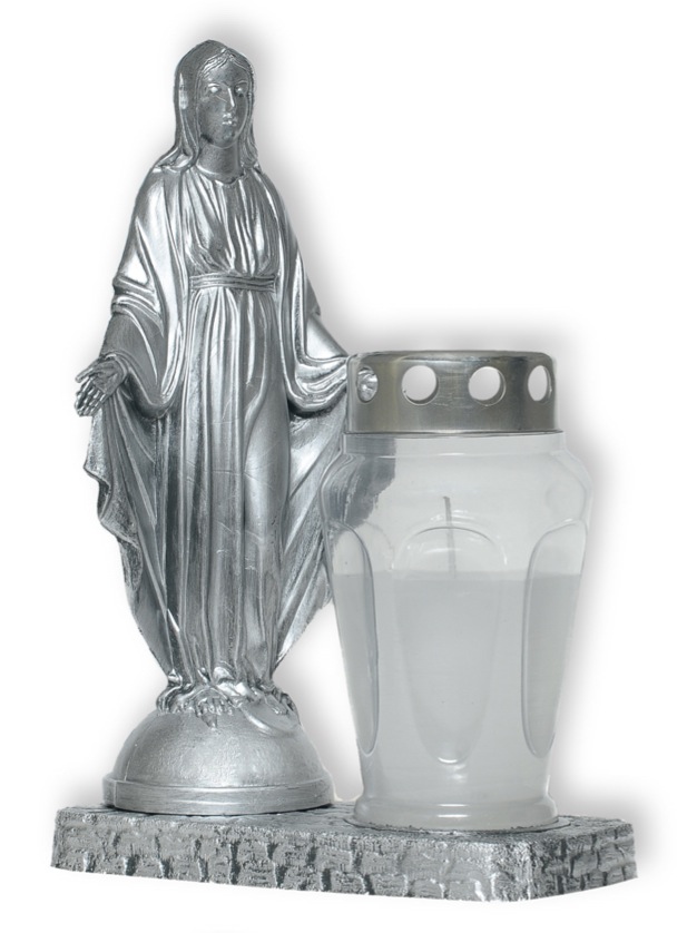 Leiðiskerti á platta með Maríu styttu silfur