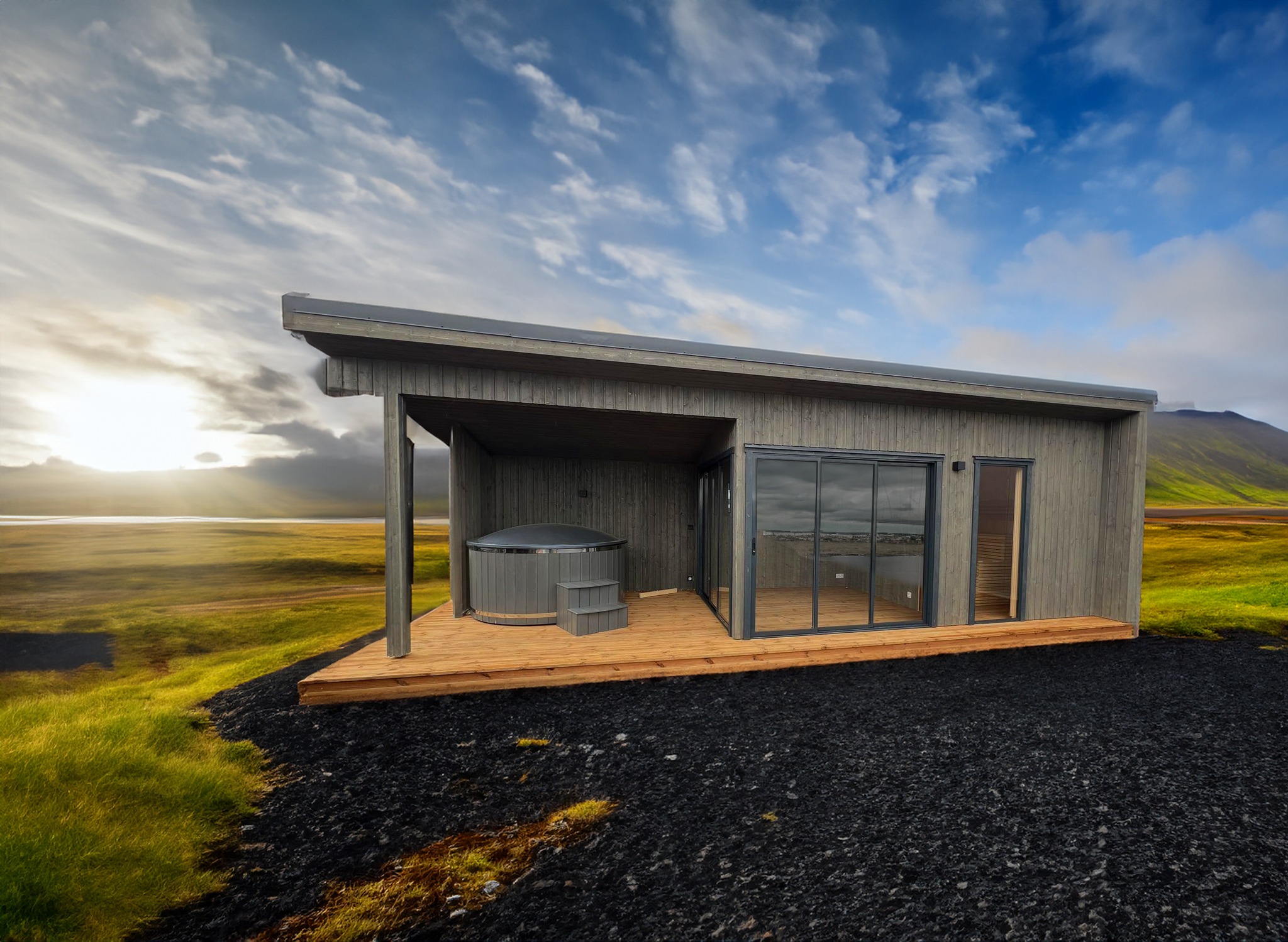 Sambyggð sauna og heitur pottur