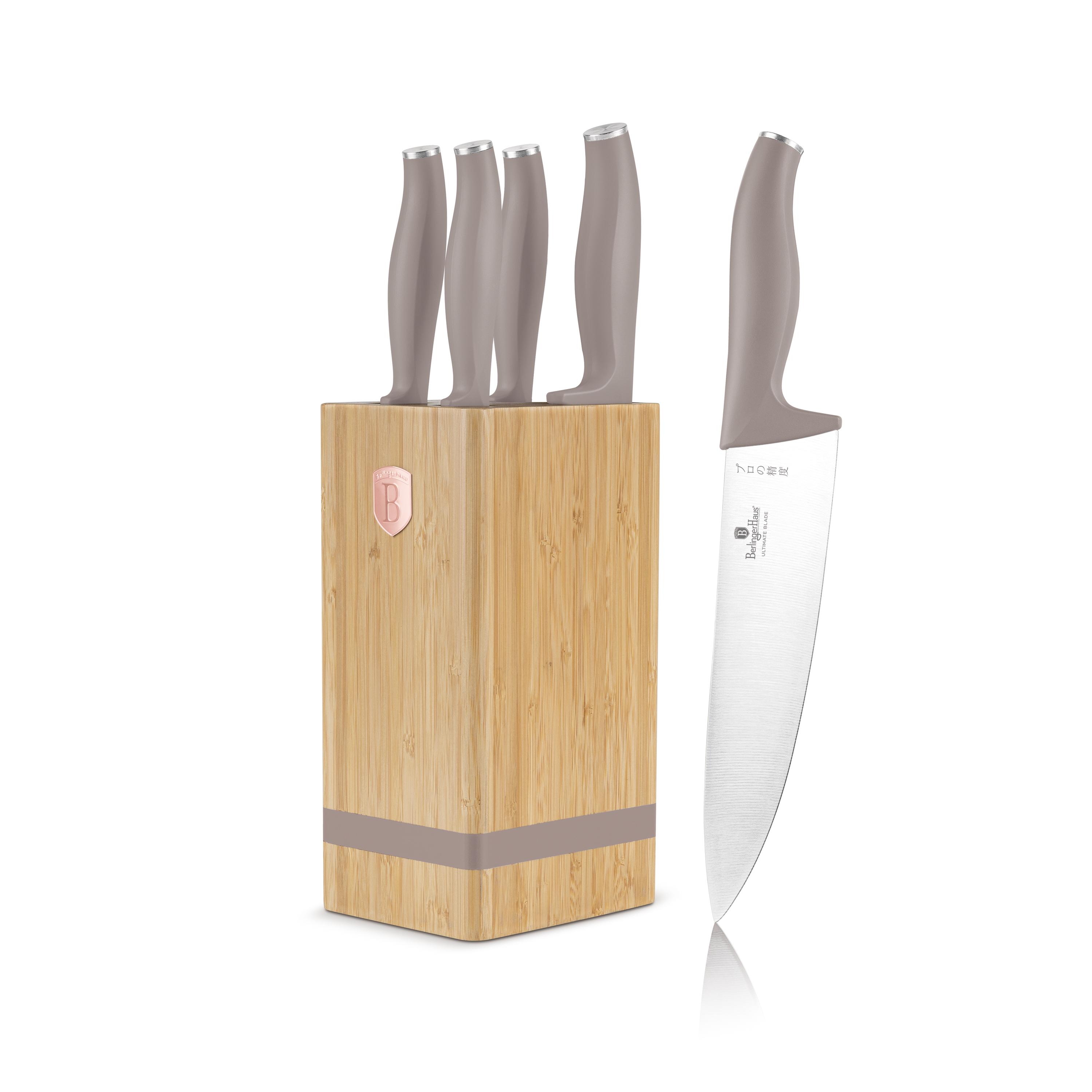 Hnífasett í bambusstandi matt/grátt
