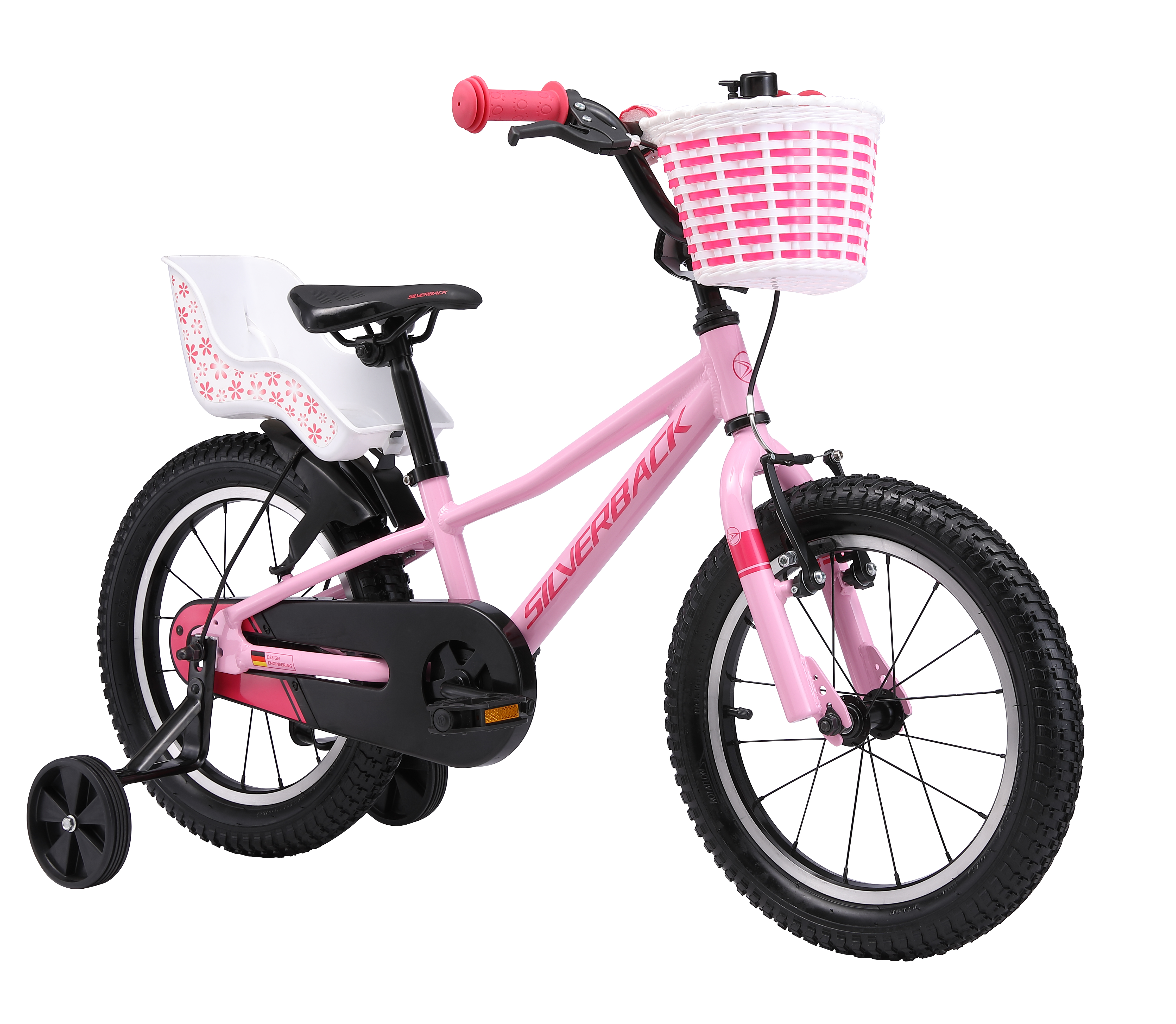 Reiðhjól Skid 16" Bleikt m/körfu & dúkkusæti Silverback 2026